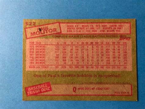 Topps Paul Molitor Milwaukee Brewers Card Ebay