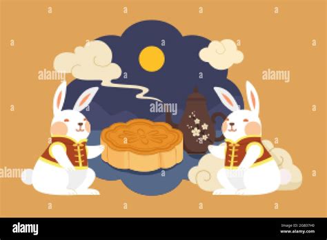 Moon Rabbit On Mid Autumn Festival Flat Illustration Of Two Jade