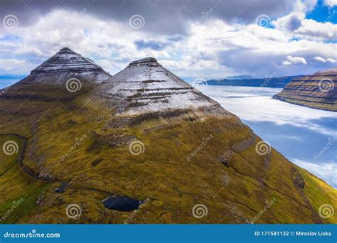 Aerial View of the Bordoyarnes Mountain Near Klaksvik on Faroe Islands ...