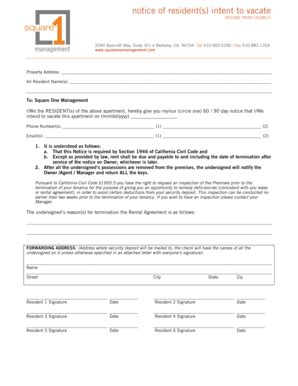 Fillable Online Notice Of Resident S Intent To Vacate Square One