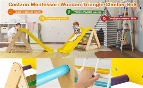 Costzon 4 In 1 Climbing Toys For Toddlers 3 Sided Montessori Wooden