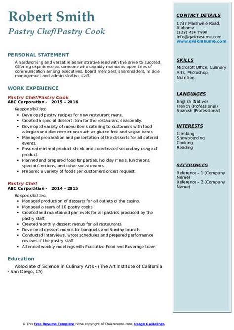 Pastry Chef Resume Samples Qwikresume