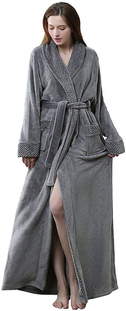 Artfasion Womens Long Fleece Robe Warm Soft Floor Length Flannel