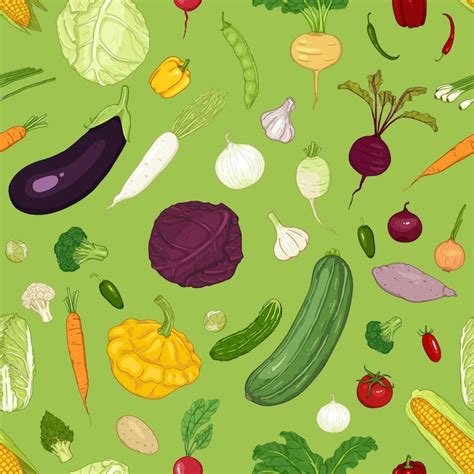 Premium Vector Vector Seamless Pattern Of Cartoon Vegetables On Green