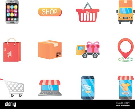 Trucks And Shopping Online Icon Set Over White Background Detailed