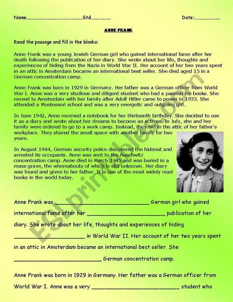 Comprehension Passage On Anne Frank Esl Worksheet By Alauddin