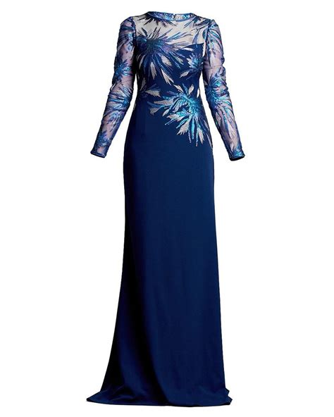 Tadashi Shoji Long Sleeve Sequin And Crepe Gown In Blue Lyst