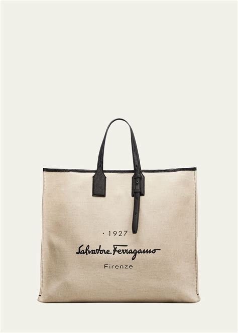 Salvatore Ferragamo Men S Logo Canvas Tote Bag In Naturale Modesens