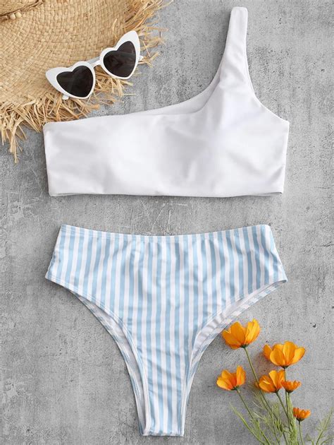 Women Swimwear Striped Women Bikinis Set One Shoulder Bandage Pushed Up