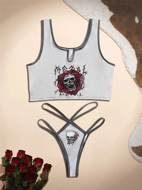 ROMWE Goth Letter Skull Graphic Contrast Binding Lingerie Set SHEIN USA