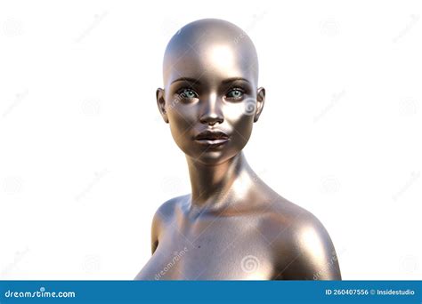 Portrait Of A Bald Silver Naked Woman On A White Background 3d