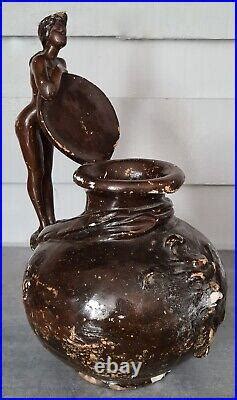 Sculpture Art nouveau femme nue pot terre cuite vernissée par Emmanuel