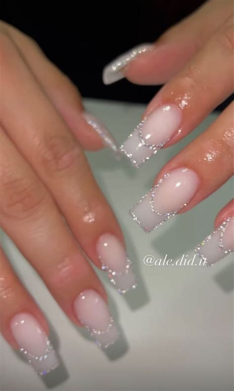 Sparkle Glitter French Nails Long Acrylic Nails Pink Acrylic Nails