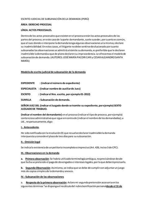 Escrito Judicial De Subsanación De La Demanda Pdf