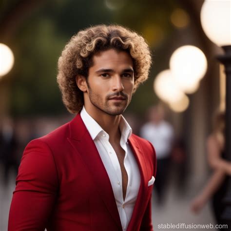 Elegant Man In Red Suit With Blonde Curly Hair Stable Diffusion Online