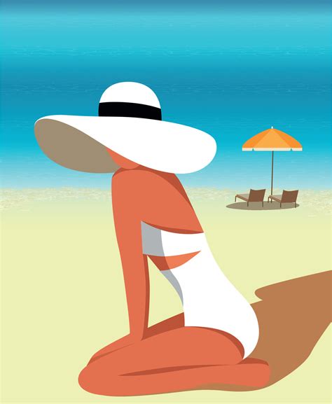 Vector Illustration Of A Girl In A Hat And Bikini In The Summer On Vacation In A Sitting Pose