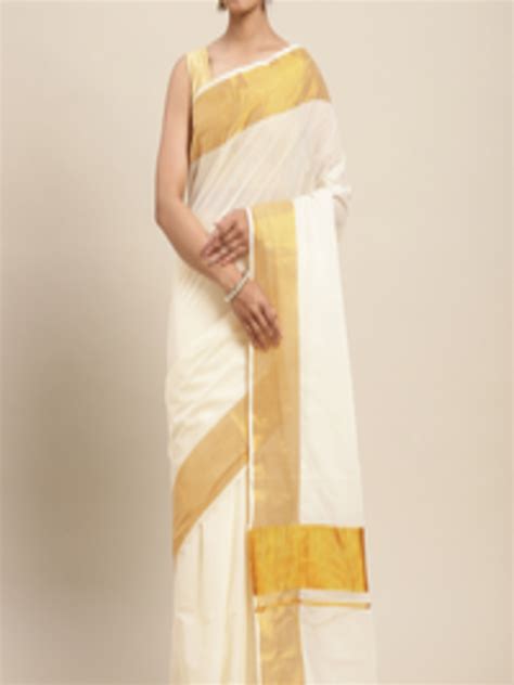 Buy Thara Sarees Women Off White Golden Zari Woven Design Pure Cotton