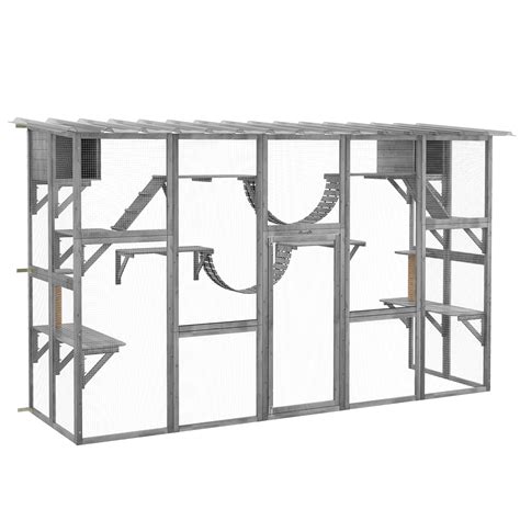 Pawhut Catio Playground Outdoor Cat Enclosure Wooden W Roof Gray