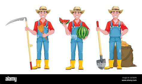 Handsome Man Farmer Cheerful Male Farmer Cartoon Character Set Of