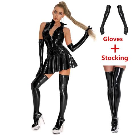 Mini Robe Pliss E En Latex Wetlook Pour Femmes Costume De Batterie Cuir