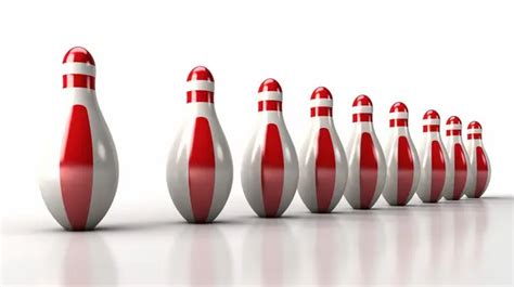 3d Illustration Of Ten Isolated Bowling Pins With Striking Red Stripes