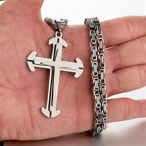 Stainless Steel Silver Triple Cross Pendant With Byzantine Chain Neckl