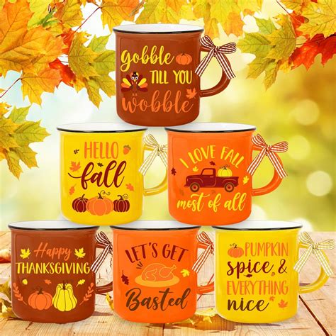 Whaline 6Pcs Fall Coffee Mugs Mini Thanksgiving Mugs With Plaid Ribbon