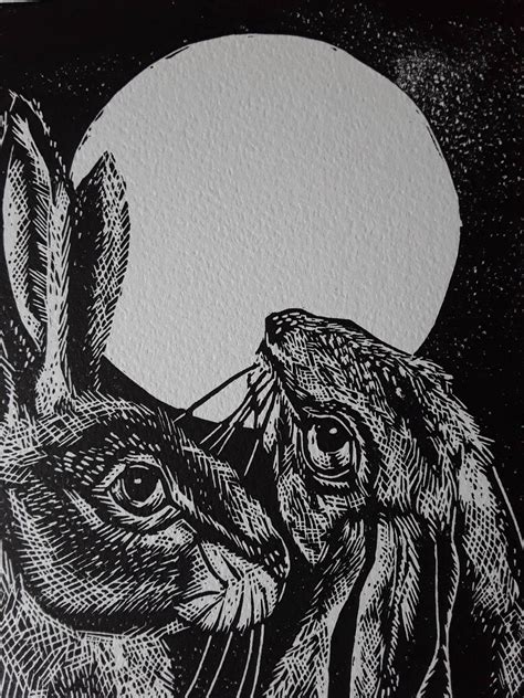 Moon Gazing Hares Linocut Print Etsy