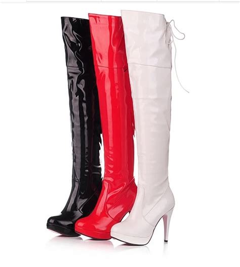 Eu 34 43 Size Sexy High Heeled Patent Leather Over Knee Boots Nightclub