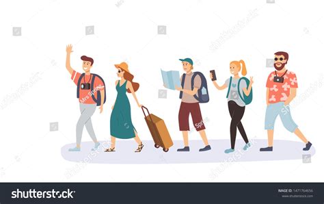 Group Tourists Walking Vector Illustration Tourism Stock Vector