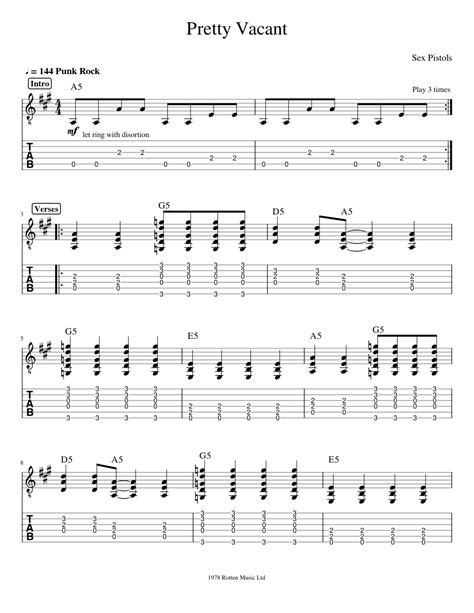 Pretty Vacant Sheet Music For Guitar Solo