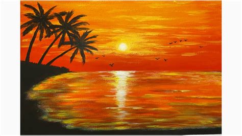 Easy Acrylic Painting Orange Sunset Painting Acrylic On Paper Youtube