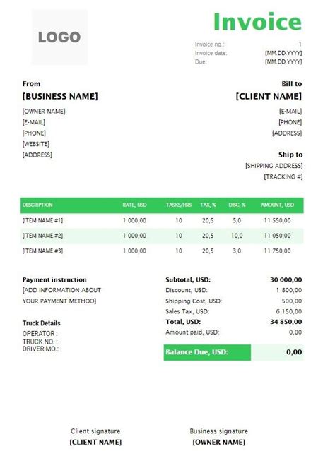 Free Trucking Invoice Templates Word Excel Pdf