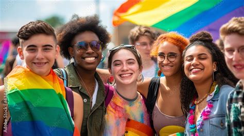 Happy Man And Woman With Hands Raised Holding Rainbow Flags While Enjoying In Gay Pride Parade