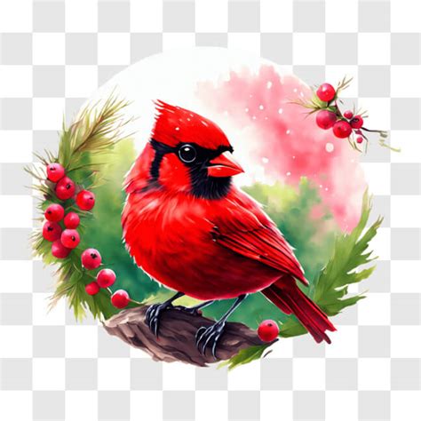 Download Red Cardinal On Oak Tree Branch With Berries Pngs Online
