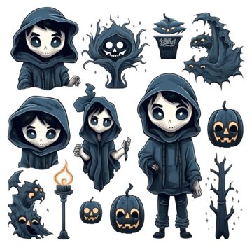 Cute Grim Reaper Boy And Halloween Elements Vector Set Grim Scythe