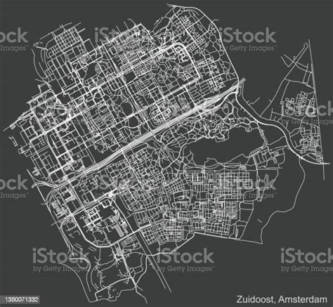 Ilustración De Mapa De Calles Negativo Oscuro Del Distrito Zuidoost De Ámsterdam Países Bajos Y