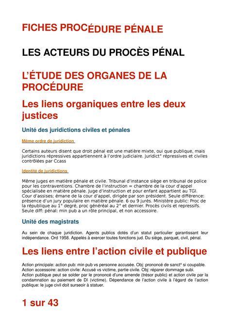 Fiche Procédure Pénale FICHES LES ACTEURS DU DES ORGANES DE LA Les