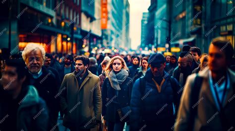 Premium Photo Group Of People Walking Down Street Next To Tall