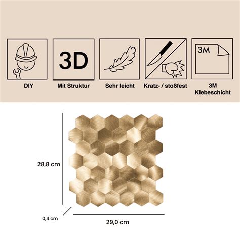 Wandverkleidung Selbstklebende Mosaik Wandpaneele Aluminium Gold MK12