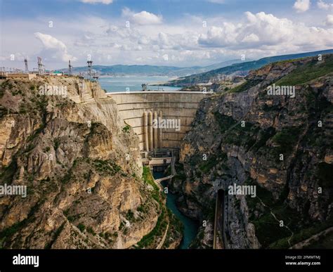 Staudamm Von Chirkey Wasserkraftwerk In Dagestan Russland Luftbild