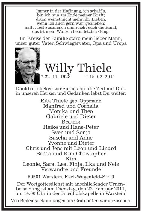 Traueranzeigen Von Willy Thiele Trauer In NRW De