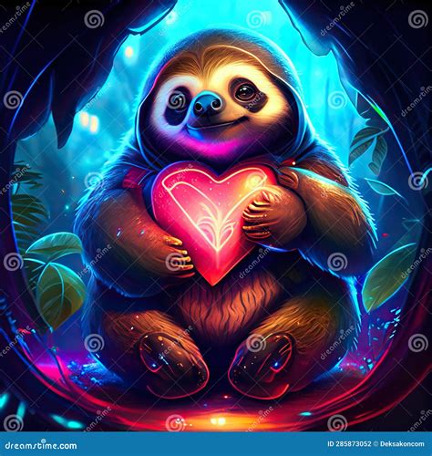 Sloth Hugging Heart Cute Cartoon Sloth With Heart In His Hands On A