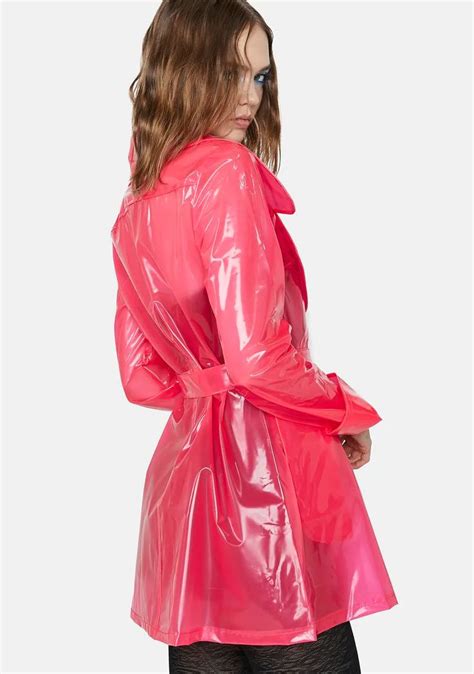 Delia S Clear Vinyl Belted Trench Coat Hot Pink Pvc Raincoat Red