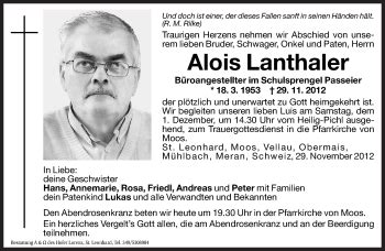 Traueranzeigen Von Alois Lanthaler Trauer Bz