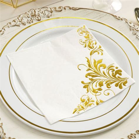 Pack Ply Metallic Gold Floral Design Paper Dinner Napkins Wedding