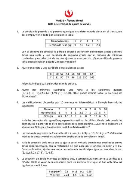 Lista De Ejercicios De Ajuste De Curvas Daniella Vargas UDocz