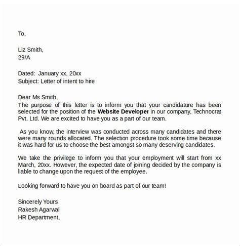 Intent To Hire Letter Elegant Sample Letter Of Intent For A Job 7 Free