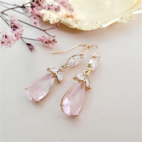 Pink Crystal Earrings, Light Pink Dangle Earrings for Bride