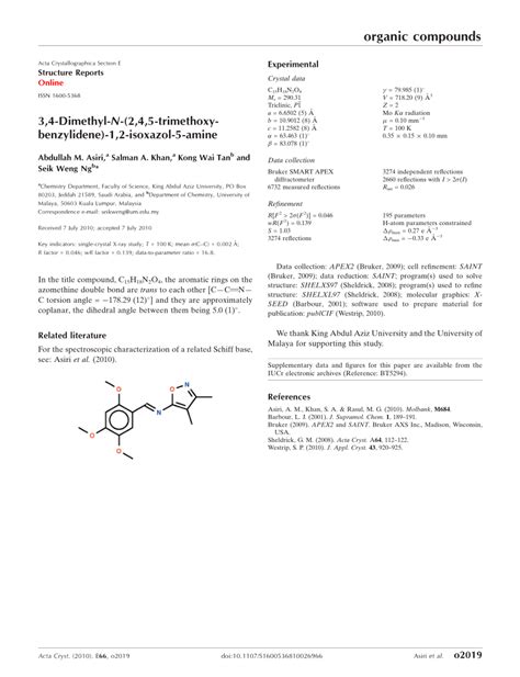 PDF 3 4 Dimethyl N 2 4 5 TriMethoxybenzylidene 1 2 Isoxazol 5 Amine